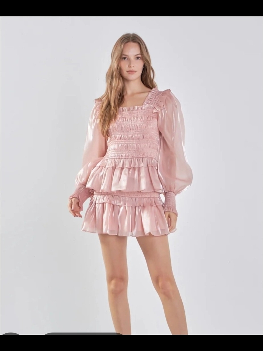 Endless Rose Pink Metallic Sheer Long Sleeve Smocked Minidress Small